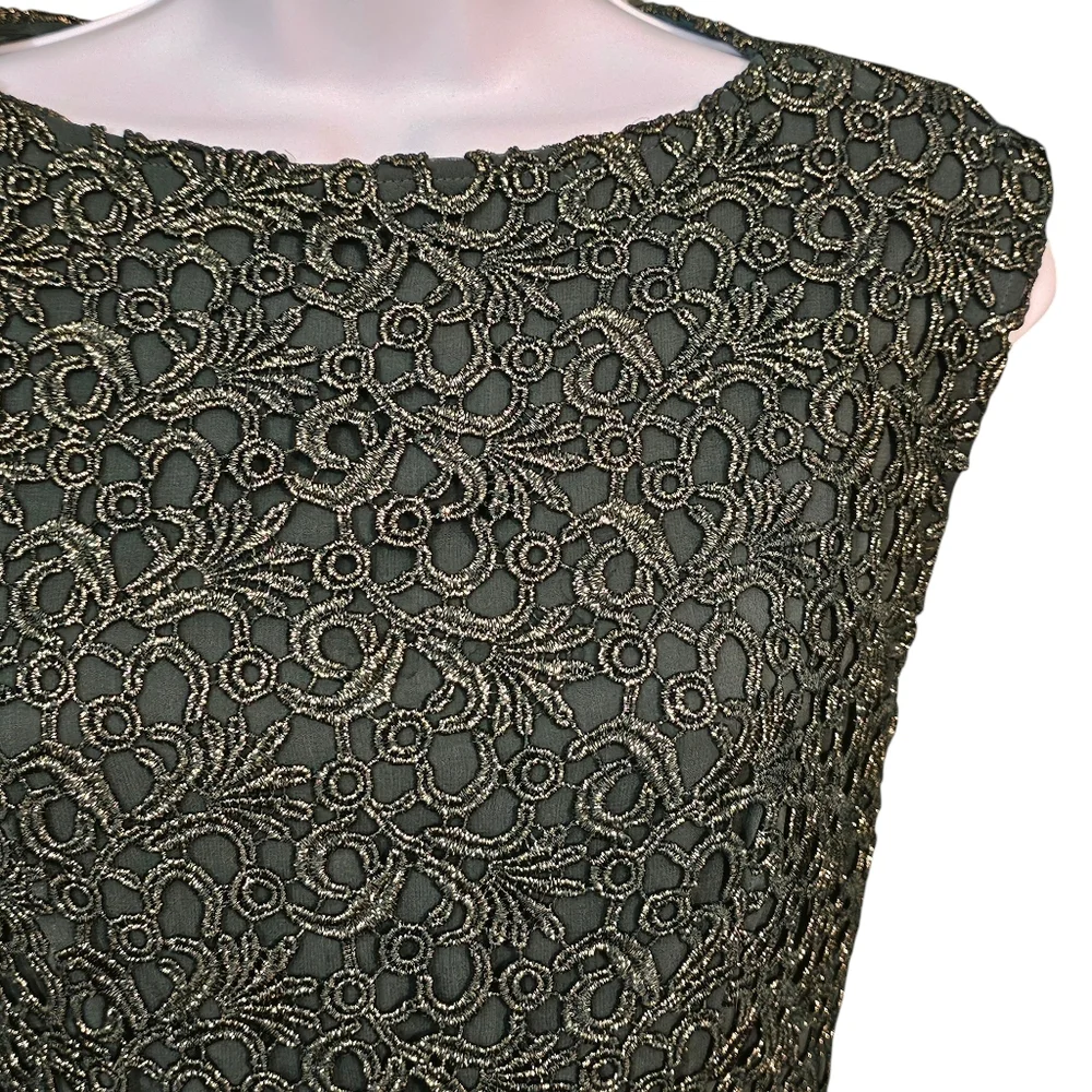 Alice + Olivia Shovan Green Gold Metallic Lace Peplum Open Back Dress Size 2